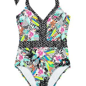 Lands End Perfect V-Neck One Piece printed halter swimsuit size 12 Colorful